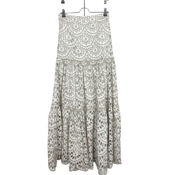 PINKO Size 6 White Tan Eyelet Embroidered Long Maxi Skirt Scalloped Hem - Picture 1 of 15
